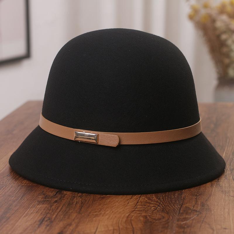 Hat women's autumn and winter new woolen woolen basin hat British retro decorative top hat simple and small bucket hat