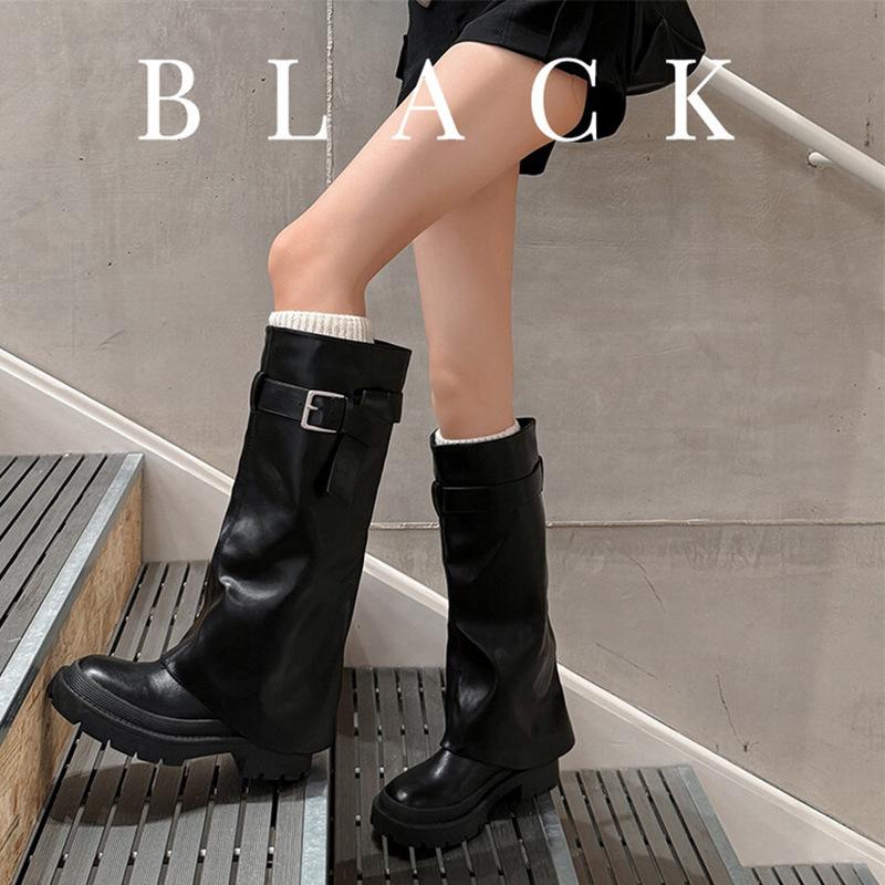 ZA2025 New High-heeled British Style Knight Boots Women's Thick-soled Thin High Boots Thick-heeled Round Head But Knee Boots
