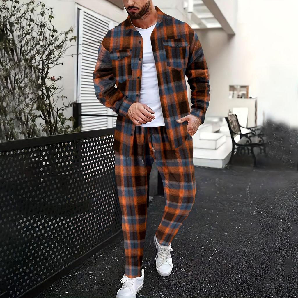 Men's Autumn Plaid Long-Sleeve Shirt and Pants Casual Sports Set