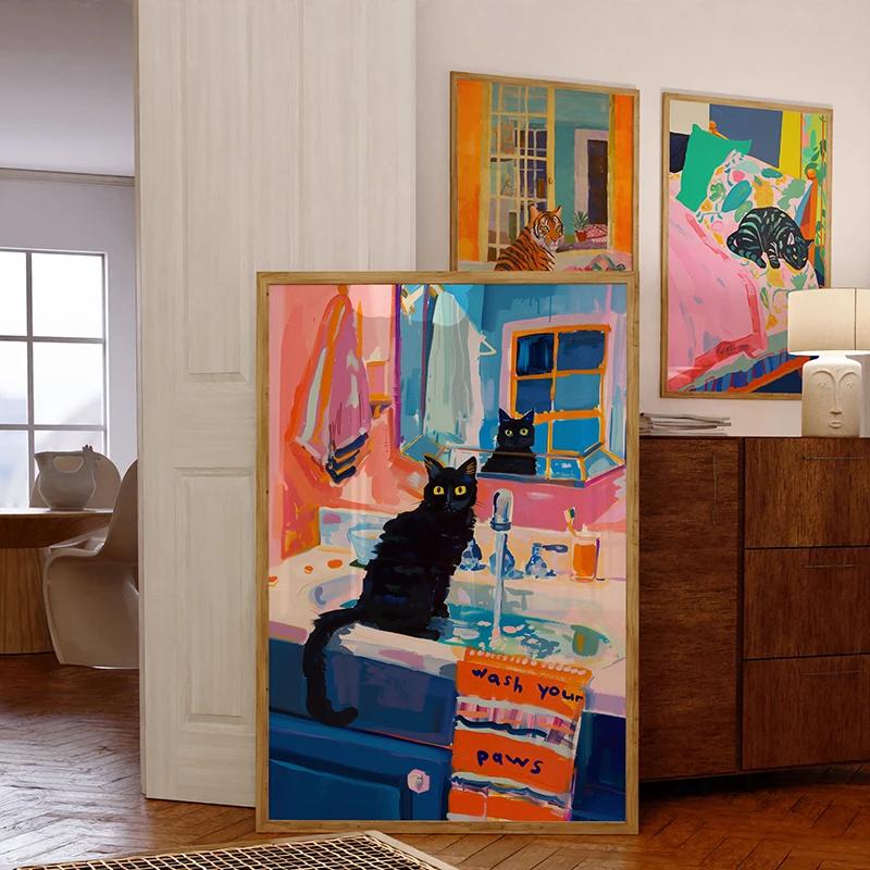 Poster Decorazione Bagno Massimalista Pittura su Tela Gatto Trendy Stampa Dopamina Estetica Kitsch Quadri per Decorazione Casa