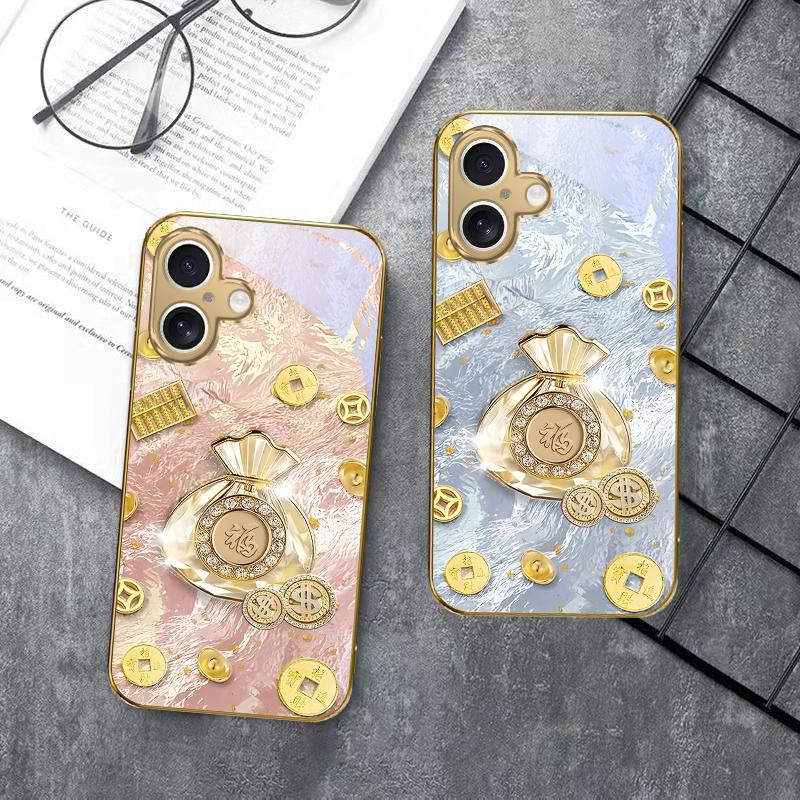Lucky Bag of Blessings For iPhone 17 Pro Max 16 16E 15 14 13 Plus 12 mini 11 15Pro 17 Air XR X 17ProMax Golden glass phone case