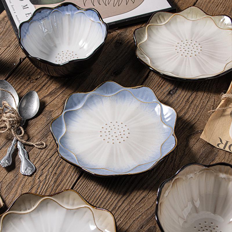 European Lotus Ceramic Irregular Plate and Salad Bowl Set