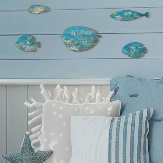5 Pcs Wood Fish Nautical Wall Decor Rustic Blue Fish Wooden Wall Art Coastal Beach Hanging Sculpture for Home Lake House Bathroom Decor
