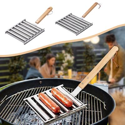 Hot Dog Roller, Wurstrollständer aus Edelstahl mit extra langem Holzgriff, BBQ-Hot-Dog-Griller für gleichmäßig gegarte Hot Dogs, Kapazität für 5 Hot Dogs