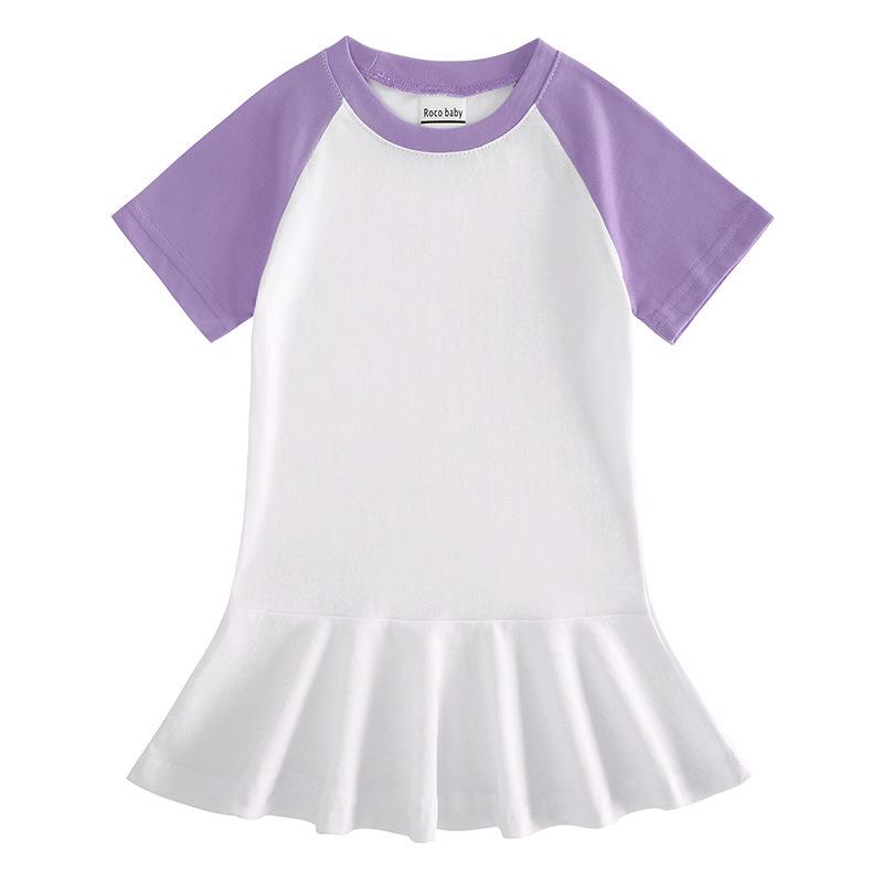 Korean Summer Cartoon Pleated Dress for Girls - Short Sleeve Color Block Skirt Style