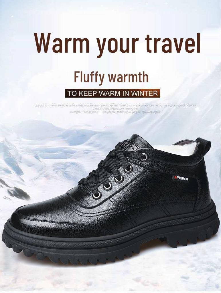 Men's High-Top Winter Leather Cotton Shoes - Thick, Warm, Casual Style