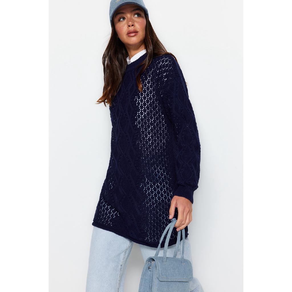 Navy Blue Openwork Knitwear Sweater Tctaw22ak0089
