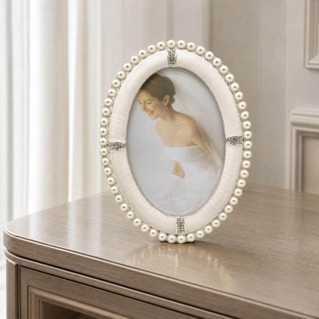 Oval Pearlized Silver Photo Frame with Jeweled Accents Elegant Metal Picture