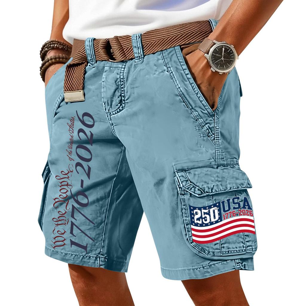 Men Cargo Shorts with Belt Cotton Fabric Multiple Pockets USA Flag Print Casual Loose Fit Outdoor
