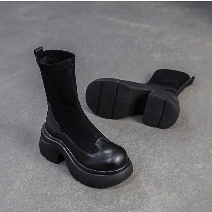 Johnature Retro Solid Color Mid-calf Boots Genuine Leather Comfortable Thick Soled Versatile Women's Shoes