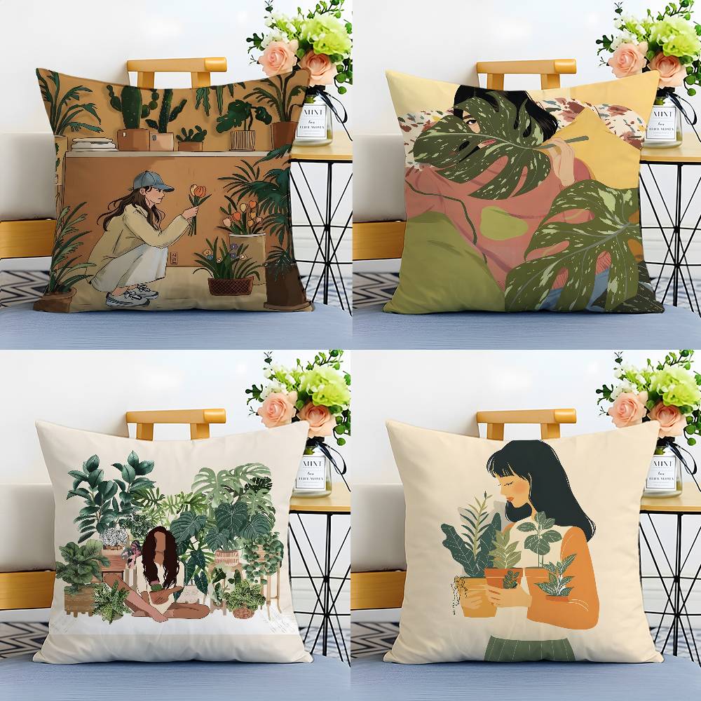 Elegante Einfache Blumenzüchtendes Mädchen Kissenbezug Druck Kissenbezug Wohnzimmer Sofa Kissenbezug Schlafzimmer Zimmerdeko