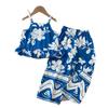 Girls' Summer Blue Floral Vacation Set with Spaghetti Strap Top & Straight-Leg Pants