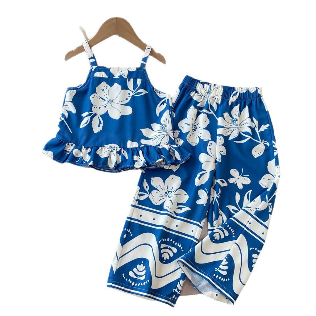 Girls' Summer Blue Floral Vacation Set with Spaghetti Strap Top & Straight-Leg Pants