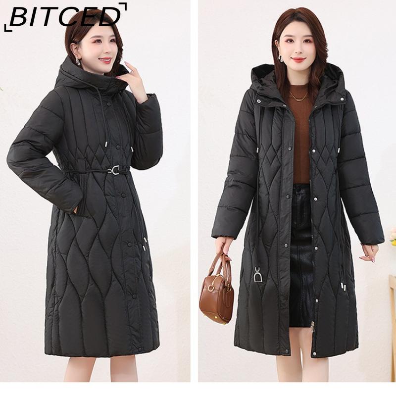 BITCED Women's Long-Length Winter Coat with Hood and Drawstring Waistband Fitted and Flattering Silhouette for a Slimming Effect
