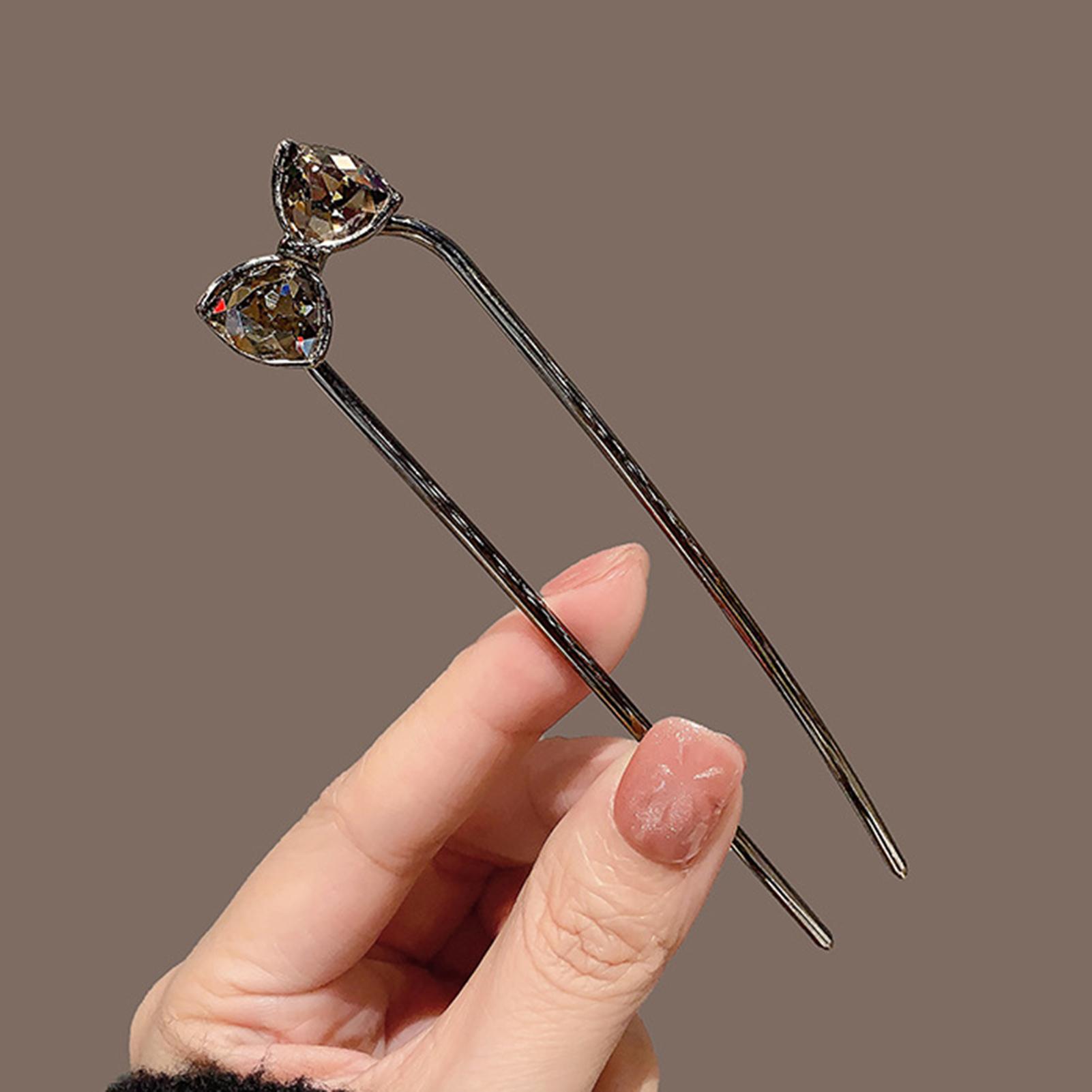 Metal U-Shaped Hairpin with Crystal Bowknot for Women Elegant Traditional Style 1
