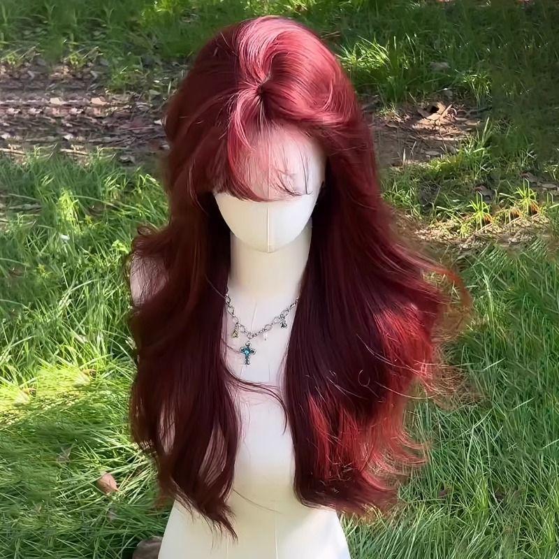 Mermaid Rose Red Long Curly Wig with Air Bangs for Women