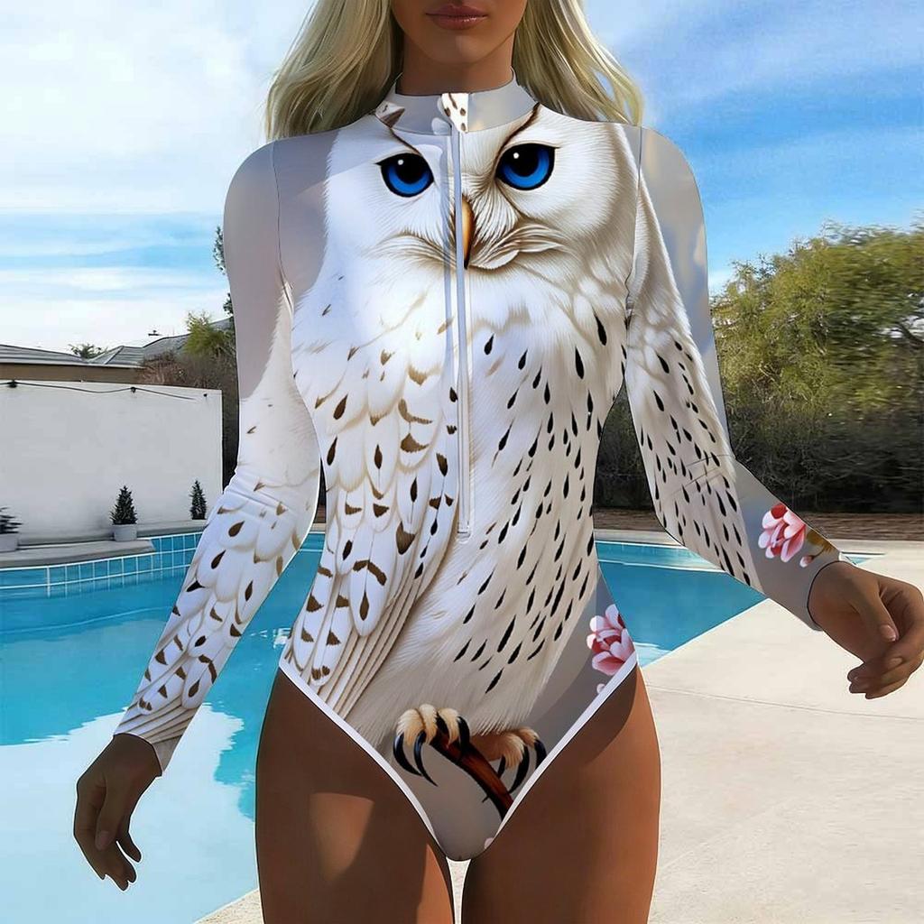 Women Long Sleeve One Piece Swimsuit Zip Front Rose Flower Print Rash Guard Surfing Bathing Suit
