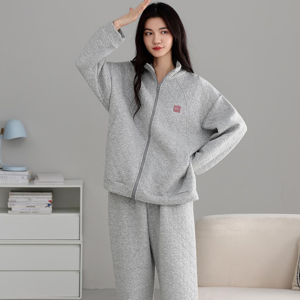 Air Cotton Pajamas Women'S Autumn And Winter Thickened Pure Cotton Long-Sleeved Interlayer Can Be Worn Outside Loungewear Thin Padded Zipper Set