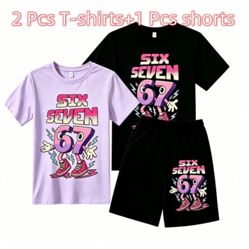 Fashion Cartoon 67 Graphic Print Outdoor Street Kids T-shirt and Shorts Summer Home Casual Outfit Boy and Girl's Sports Set