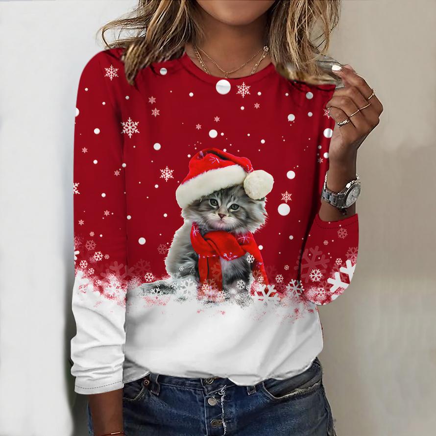 2025 Autumn & Winter Women's New Casual Crew Neck Long Sleeve Top 3D Christmas Pattern Ideal Halloween Christmas Gift