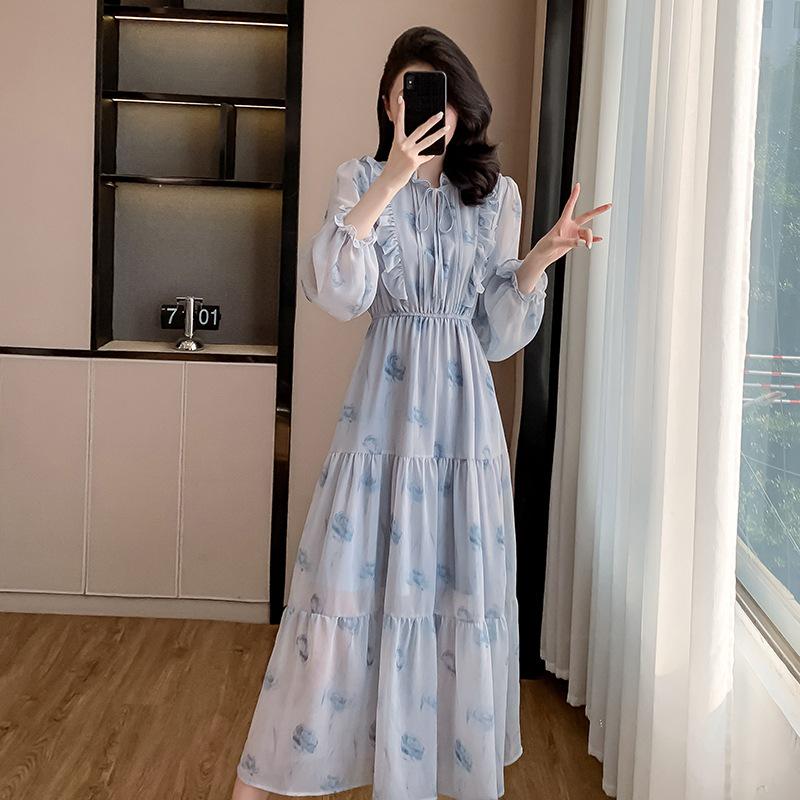 Spring French Luxury Long Chiffon Dress with Korean Ruffles and Elastic Waist for Women