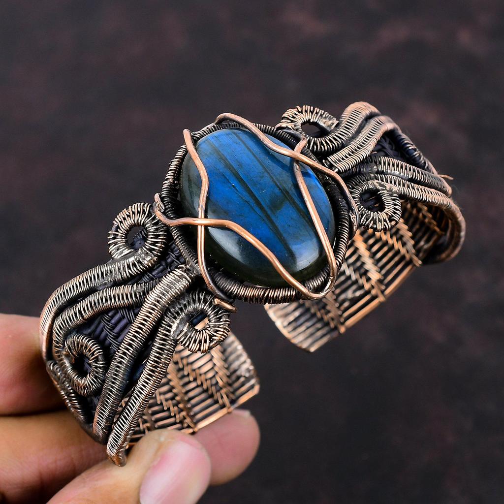 Brățară Manșetă Labradorit Înfășurată cu Sârmă de Cupru Brățară Bangles cu Piatră Prețioasă Manșetă Ajustabilă Bijuterii Delicate din Cupru Brățară Handmade Cadou de Logodnă