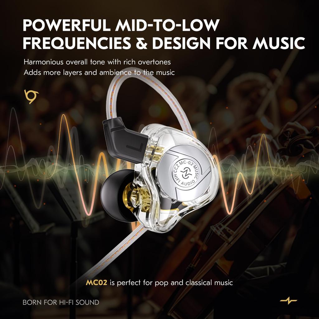 CCZ MC02 Gaming HiFi IEM Clear Crystal Sound Gaming 10mm 1DD Headphones with Patented Earphone Tips Ear Fins for Students No In-Ear Monitors,