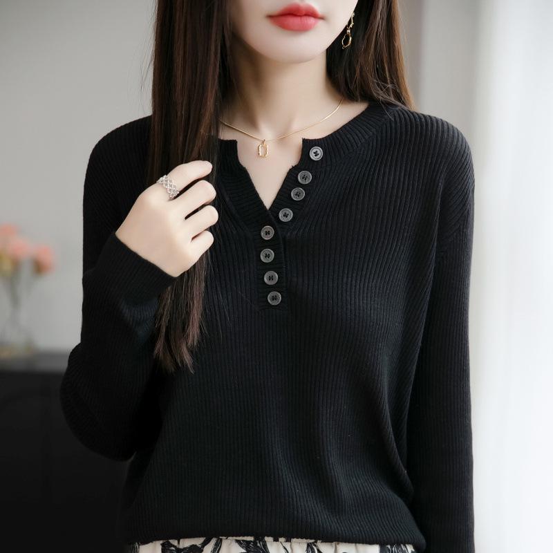Women's V-Neck Fine Wool Knitwear: Long Sleeve Pullover Sweater for Spring & Autumn
