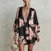 Vintage leopard print splicing bronzing flower stand-up collar V-neck lantern sleeve loose satin short dress