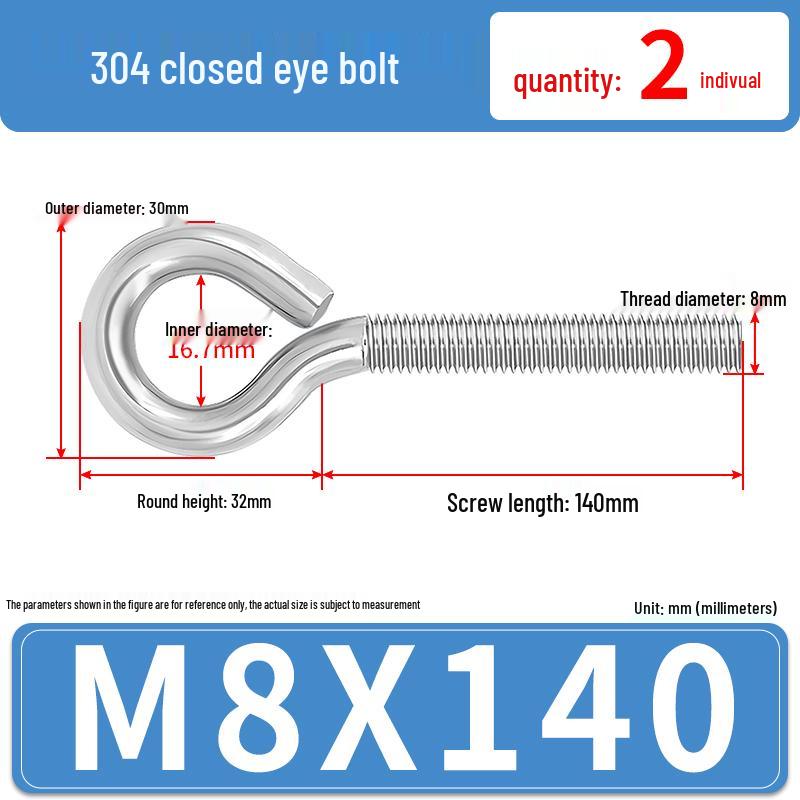 304 Stainless Steel Eyebolt with Ring Hook – Machine Thread Closed Eye Bolt (M4 M5 M6 M8)