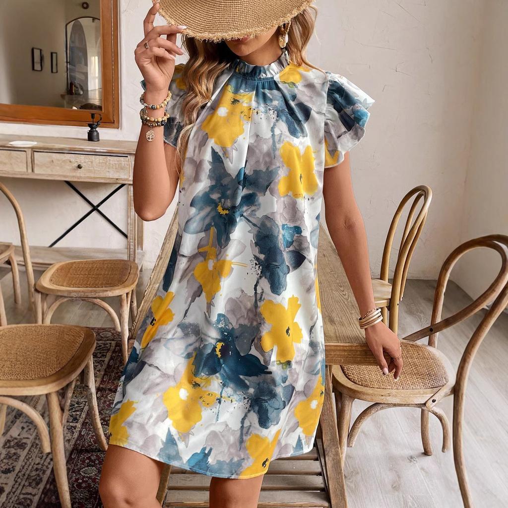 A New Summer Printed V-neck Short-sleeved Loose Dress for Women