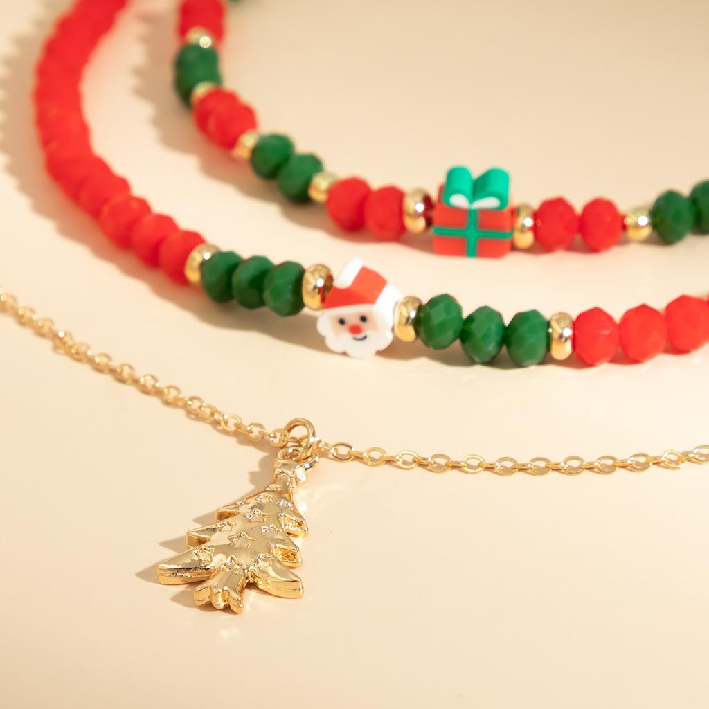 Korean Cute Red/Green Crystal Beaded Clavicle Necklace Fashion Metal Christmas Tree Snowman Pendant Necklace Christmas Jewelry