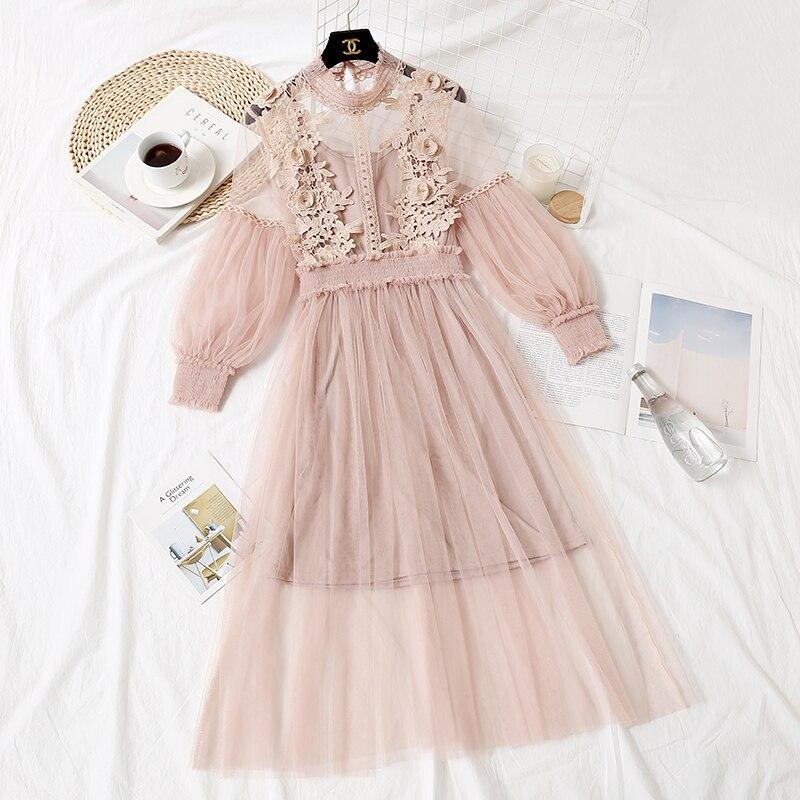 Dámské krajkové květinové šaty Dámské Vintage Elegantní Lucernové rukávy 2024 Dlouhé šaty Dámské Háčkované Princeznovské šaty 2dílný set 12041