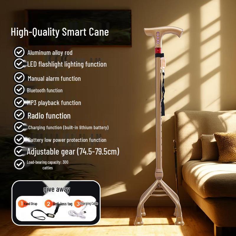 LED Smart Cane for Seniors: Multi-function, Alarm, Radio, Retractable, Four-legged, Non-slip, Aluminum Alloy