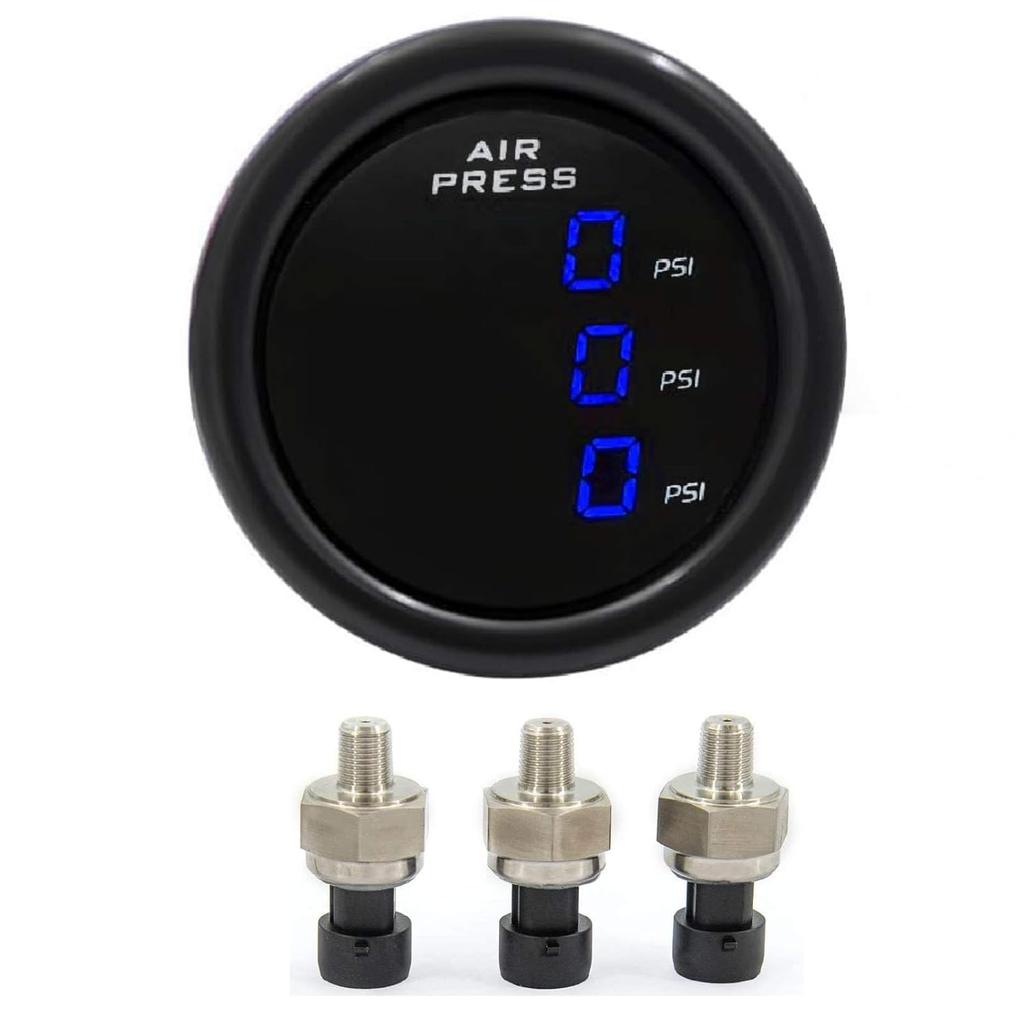 Dual Blue Display Car Air Suspension Gauge 220PSI,2-1/16" 52mm Air Pressure Gauge with 2PCS 1/8NPT Air Pressure Sensor and Bracket for Car & Truck