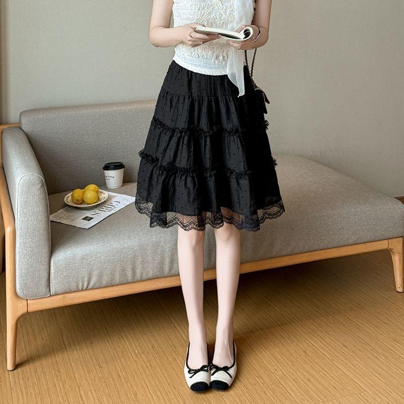 Lace Skirt Women's Summer Thin A Word 5 Points Cake Skirt Sweet Trendy Elastic Waist Polka Dot Mesh Tiered Mini Skirt