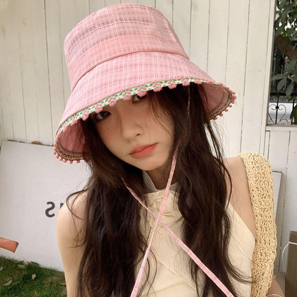 Plaid Lace Flower Bucket Hat Ribbon Summer Sun Hat Casual Sunshade Hat Travel