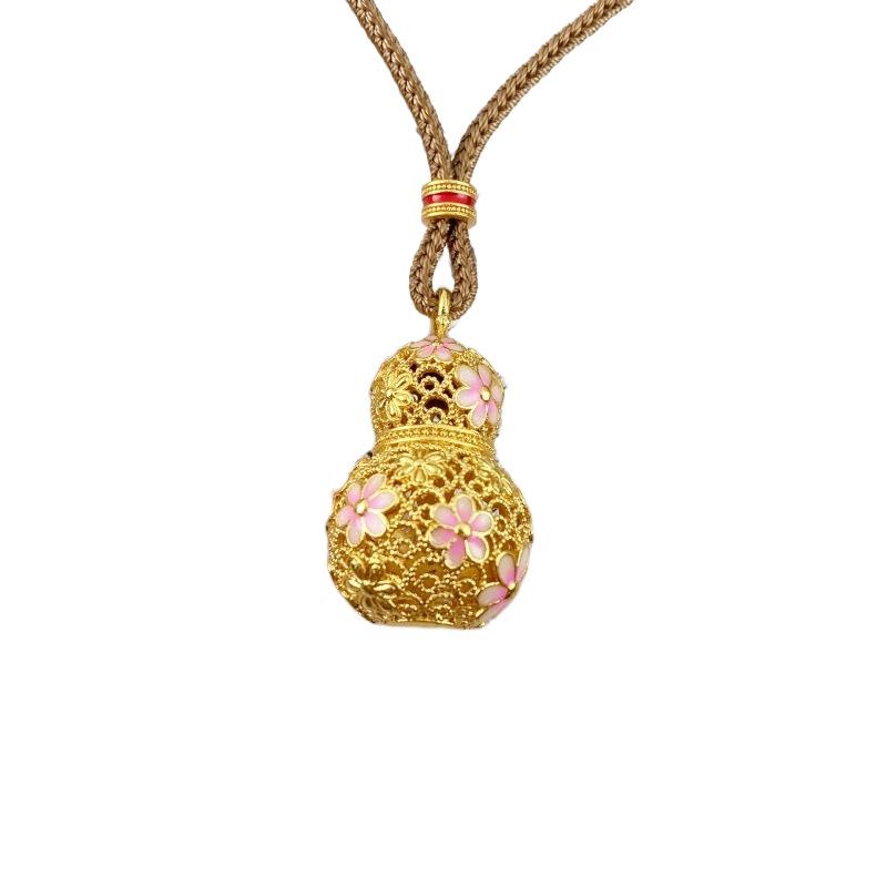 Gold Cloisonné Peach Blossom Gourd Pendant Necklace with Coffee Braided Rope