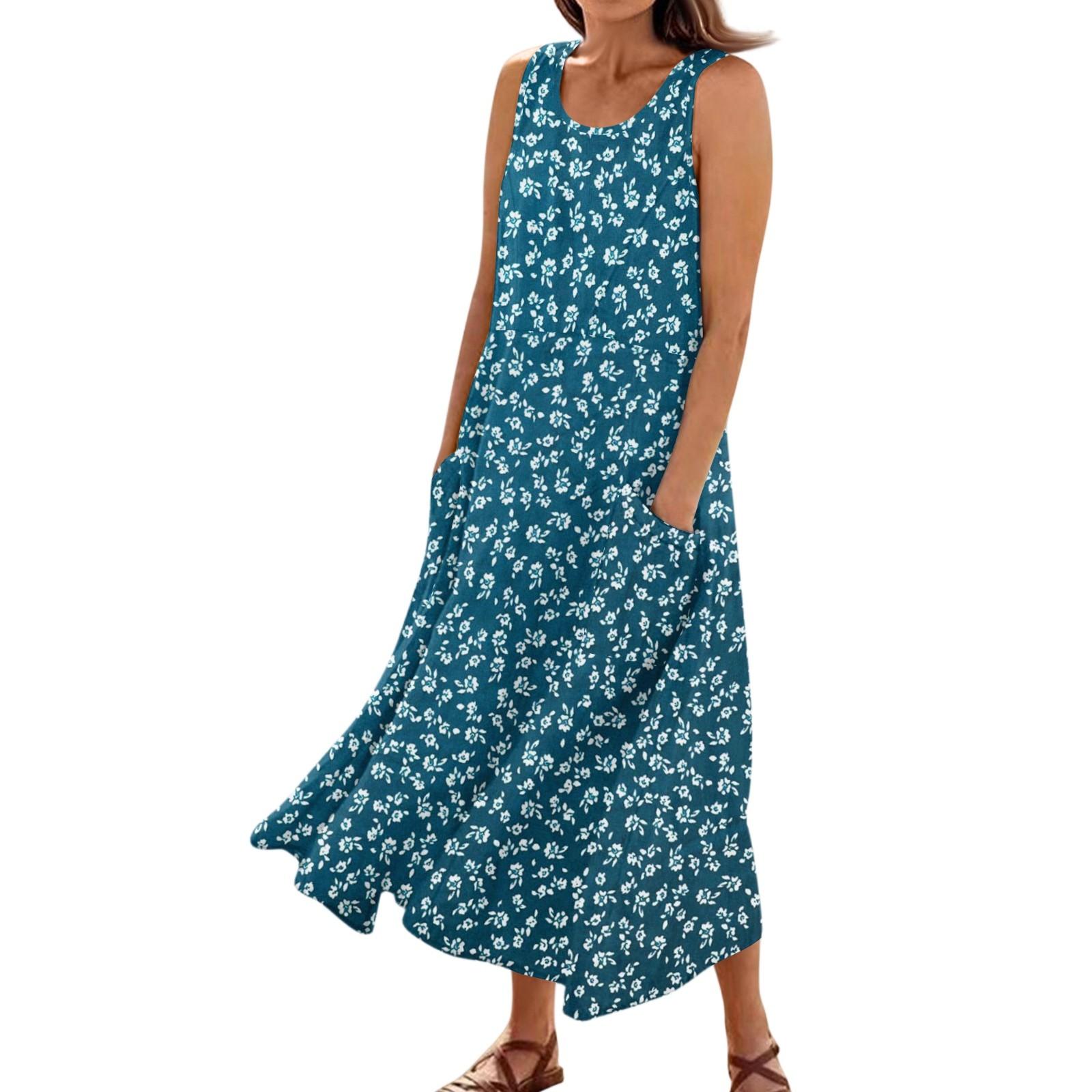 

Женское летнее повседневное модное платье без рукавов с цветочным принтом и карманом XL циан