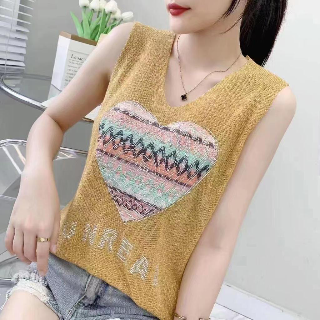 2023 Shiny Silk Sleeveless V-Neck Women's Vest - Spring/Summer New Style, Loose Fit with Hot Diamond Sling Knitted Design