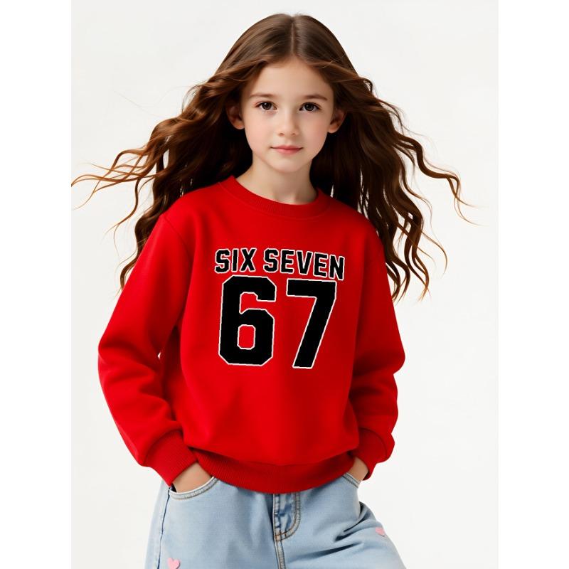 European Sizes Stylish Sweatshirt for Girls Featuring 67, Perfect for Autumn & Winter. Long-Sleeved Top In Various Colors, Casual Wear.