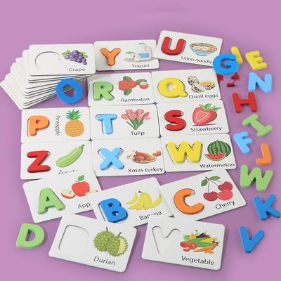 Jouets en Bois pour Enfants Carte Cognitive Lettres Anglaises Éveil Bébé Éducation Précoce Jeu de Puzzle Fruits et Légumes Cadeau