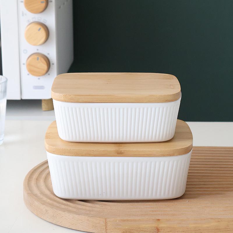 Nordic Vertical Pattern Butter Box Rectangular Sealed Butter Box Wooden Lid Fresh-keeping Cheese Box Kitchen Butter Plates