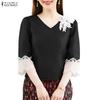 ZANZEA Women Casual V-Neck Lace Crochet Splice 3/4 Sleeve Blouse