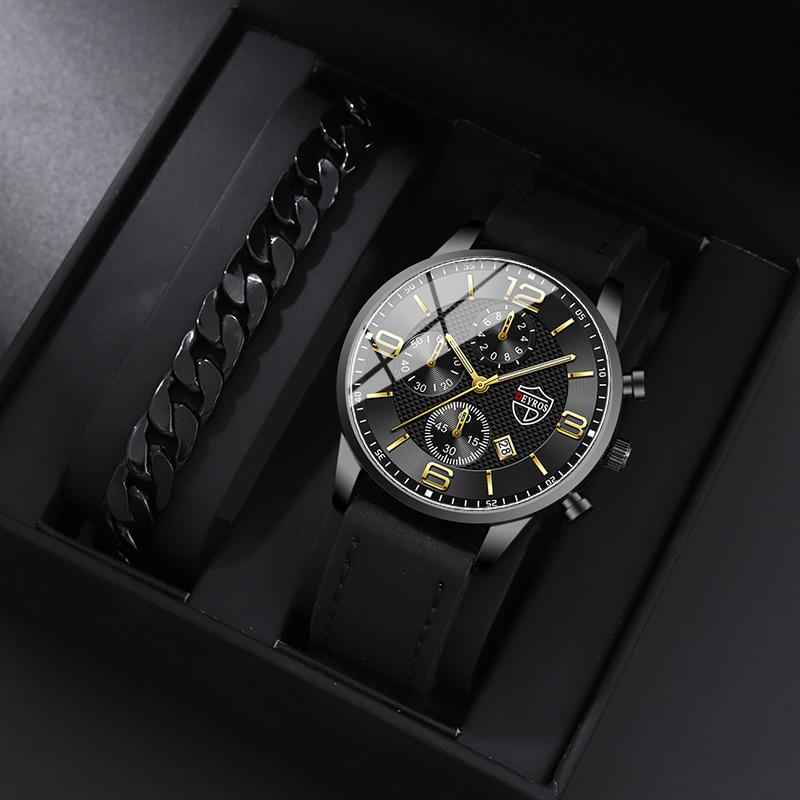 

Набор из 2 предметов DEYROS, модные мужские часы, роскошные мужские часы с календарем, повседневные мужские кварцевые часы с кожаным ремешком и браслетом, мужской подарок