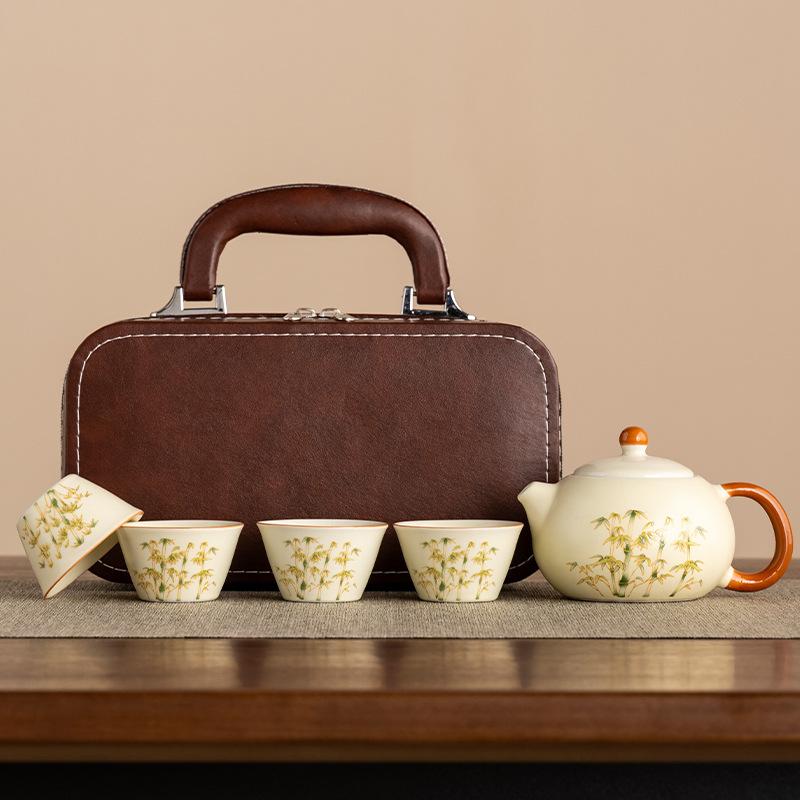 Chinese-style Virtualized Ceramics Ru Kiln Rich Bamboo Travel Tea Set Corporate Kung Fu Teapot Gift Can Be Ordered Tea Set