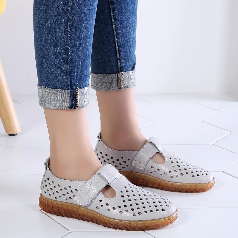 Fashion Women's Mother Female Genuine Leather White Shoes Sandals Loafers Moccasins Hook Loop Outdoor Cool Beach Summer Hollow