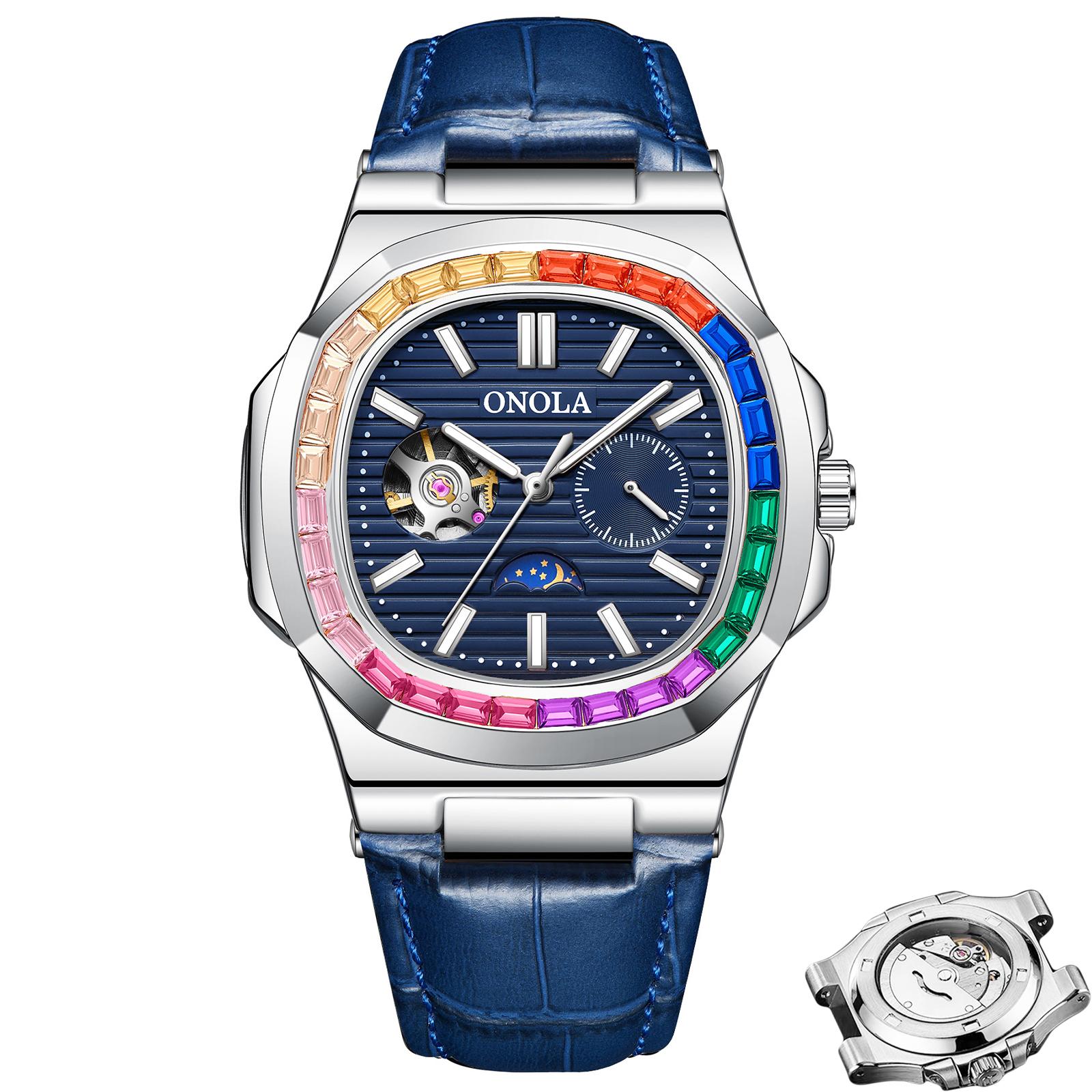 

Мужские автоматические механические часы с турбийоном, инкрустированным бриллиантами, безелем, 24-часовым указателем фаз Луны, механические часы, водонепроницаемые, с ночной подсветкой, мужские часы синий