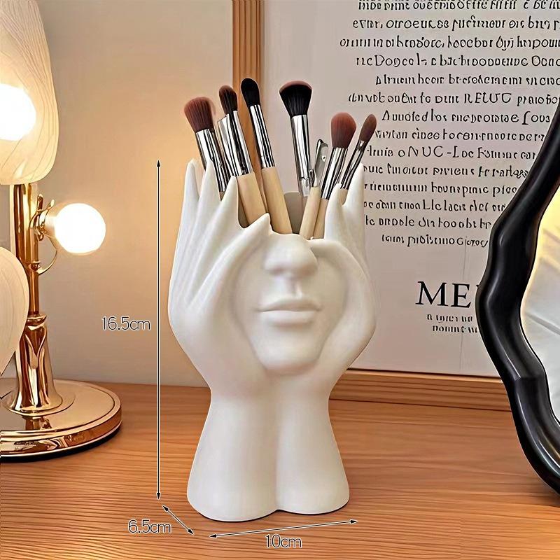 2pcs Human Face Art Desktop Decoration Makeup Brush Holder Vase with Makeup Eyebrow Pencils Home Organizer Multifunctional