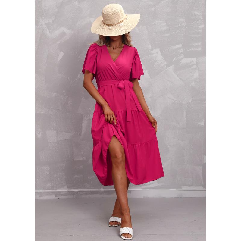 

Женская одежда Популярная европейская летняя новая горячая распродажа однотонное платье с V-образным вырезом и короткими рукавами 2XL